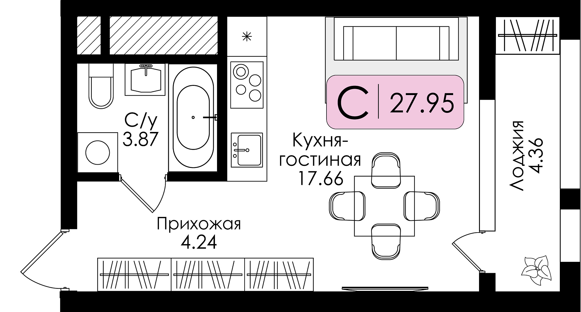 Квартира-студия №113 с чистовой отделкой, Корпус № 1, Секция 1