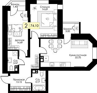 Двухкомнатная квартира 74.1м², 6 этаж № 45