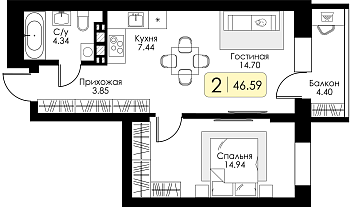 Однокомнатная квартира 46.59м², 6 этаж № 47