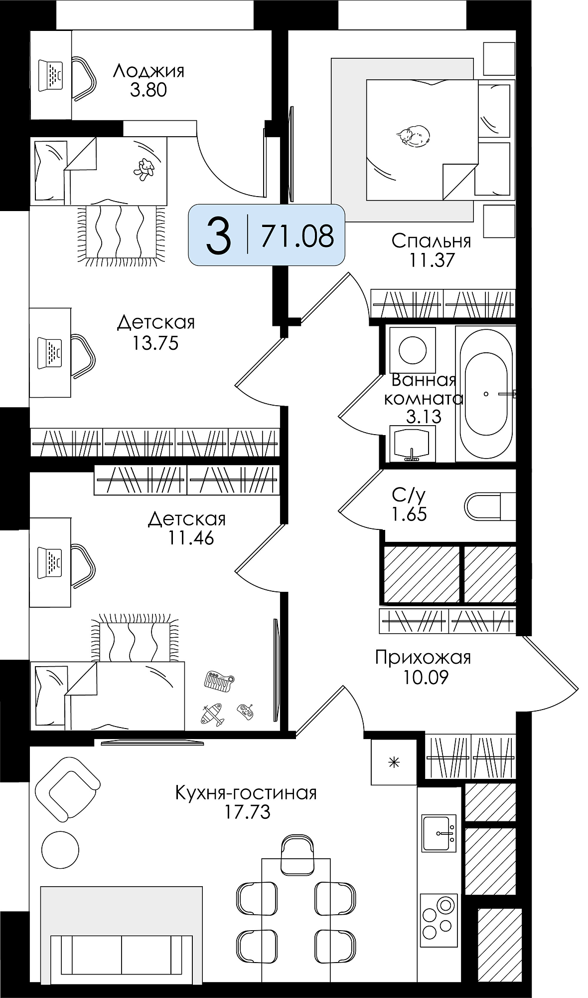 Трехкомнатная квартира №93 с чистовой отделкой, Корпус № 2, Секция 1