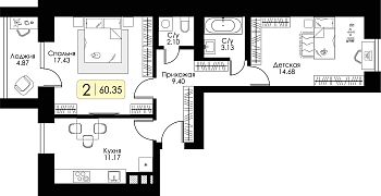 Двухкомнатная квартира 60.35м², 8 этаж № 43