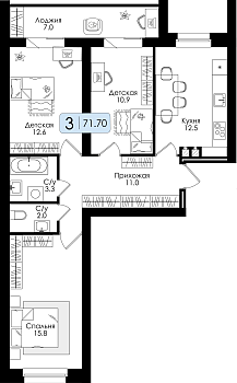 Трехкомнатная квартира 71.7м², 3 этаж № 32