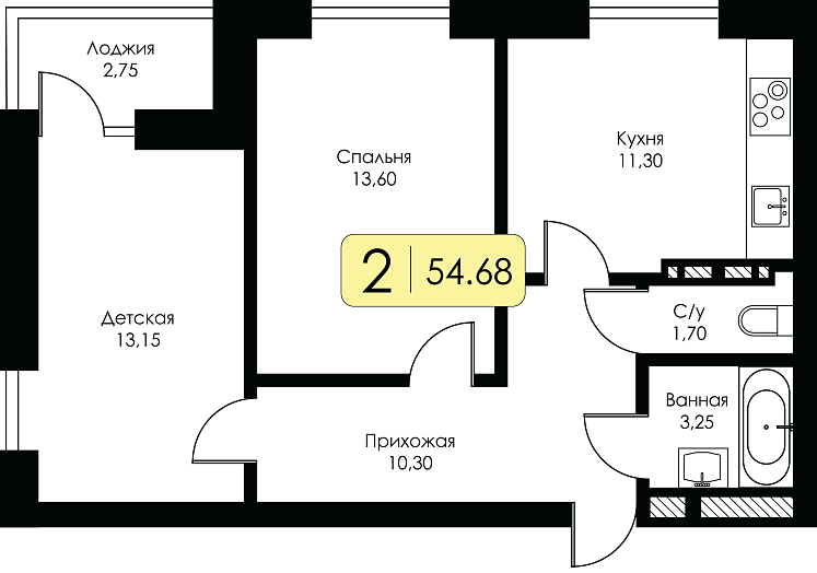 Двухкомнатная квартира №192 с чистовой отделкой, Корпус А, Секция 4