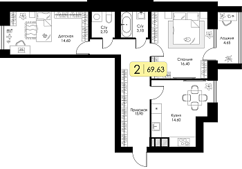 Двухкомнатная квартира 69.63м², 10 этаж № 160