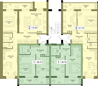 Двухкомнатная квартира 72м², 4 этаж № 76