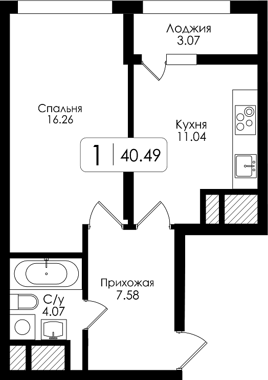 Однокомнатная квартира №171 с чистовой отделкой, Корпус № 1, Секция 1