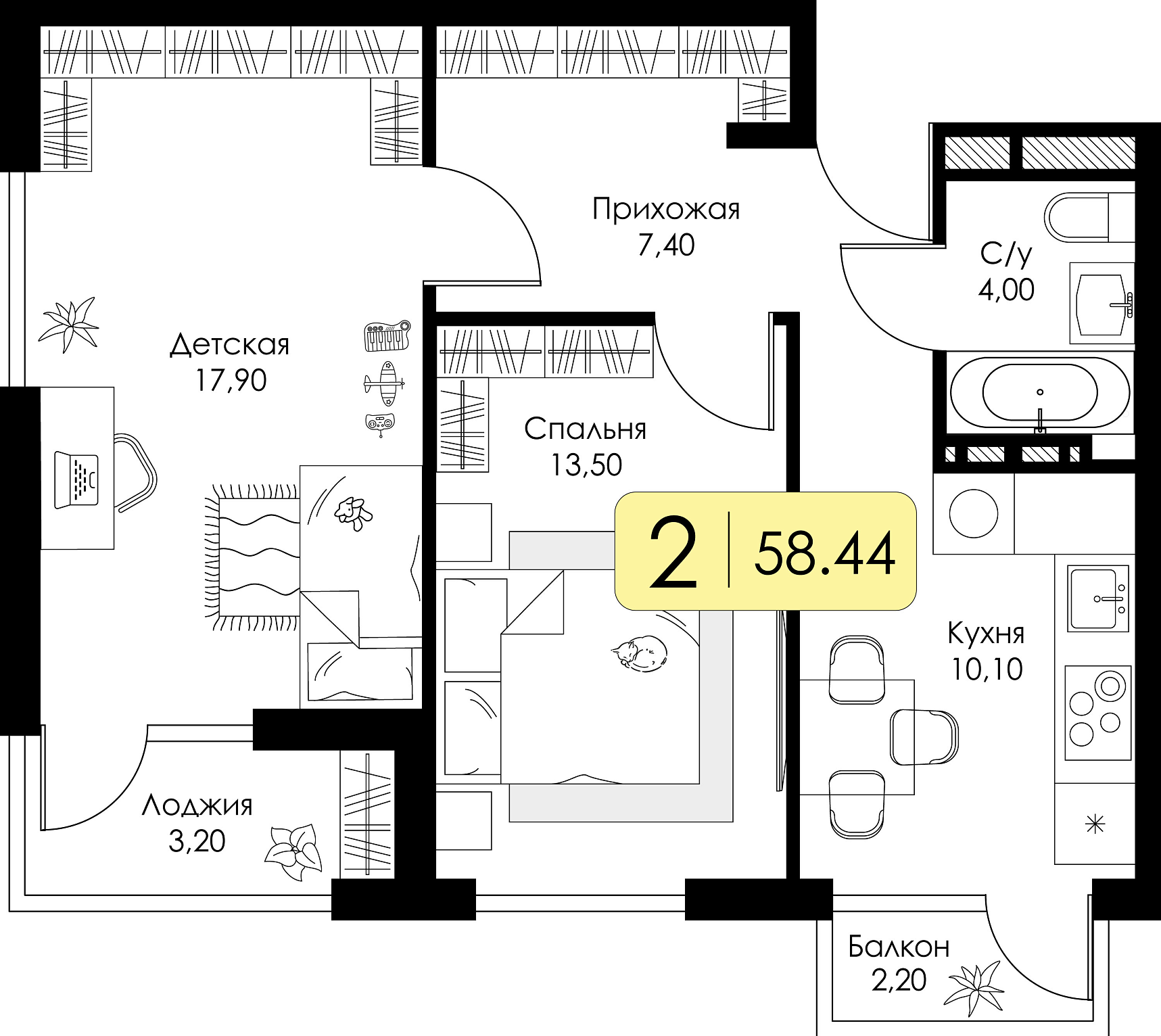 Двухкомнатная квартира №34 c черновой отделкой, Корпус А, Секция 1