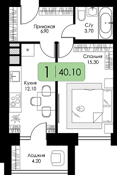 Однокомнатная квартира 40.1м², 4 этаж № 17