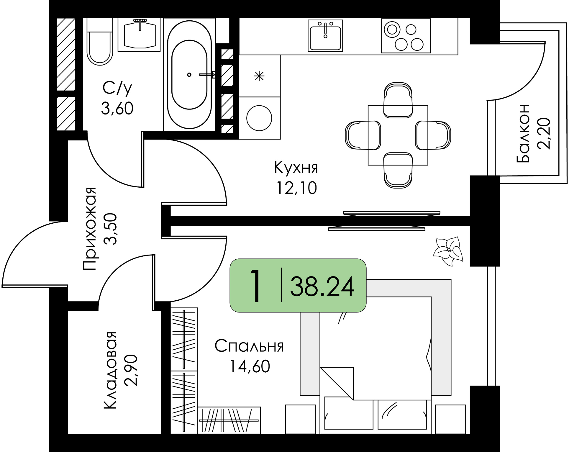 Однокомнатная квартира №113 с чистовой отделкой, Корпус А, Секция 2