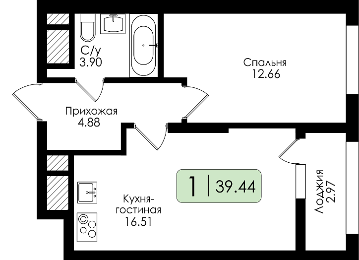 Однокомнатная квартира №174 с чистовой отделкой, Корпус № 1, Секция 1