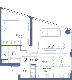 Двухкомнатная квартира № 269 