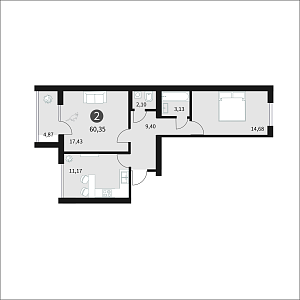 Двухкомнатная квартира 60.35м², 8 этаж № 43