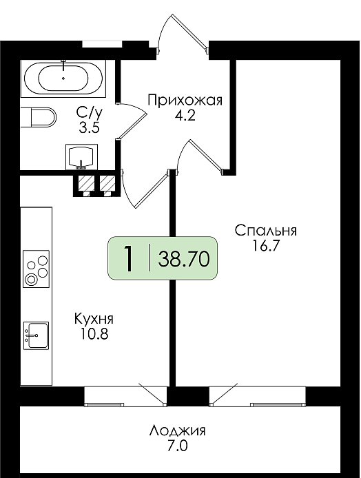 Однокомнатная квартира №50 c черновой отделкой, Корпус Дом №1, Секция 3