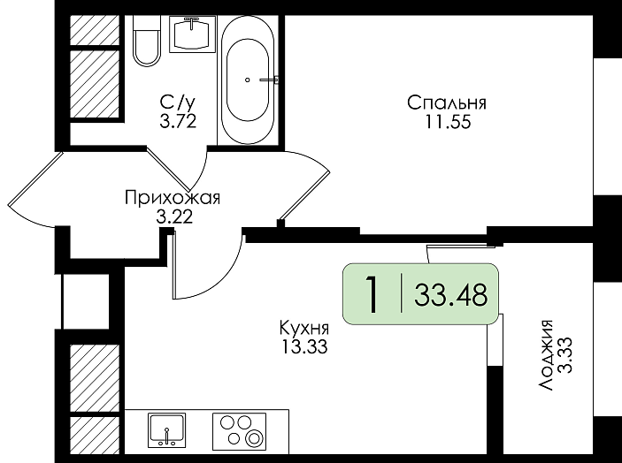 Однокомнатная квартира №204 с чистовой отделкой, Корпус № 2, Секция 1