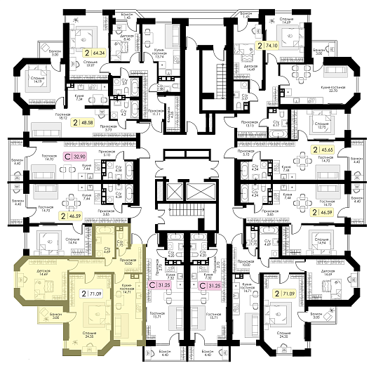 Двухкомнатная квартира №73 c черновой отделкой, Корпус №11, Секция 1