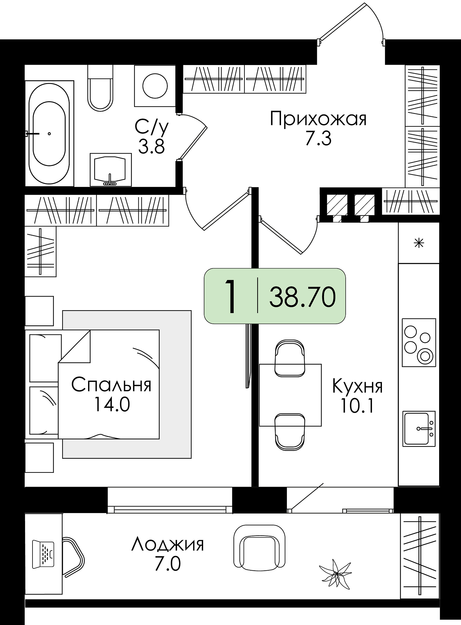 Однокомнатная квартира №79 c черновой отделкой, Корпус Дом №1, Секция 4