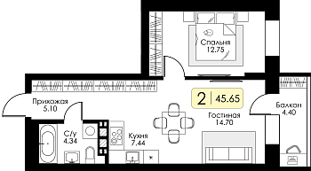 Однокомнатная квартира 45.65м², 13 этаж № 123