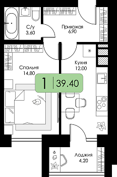 Однокомнатная квартира 39.4м², 10 этаж № 49