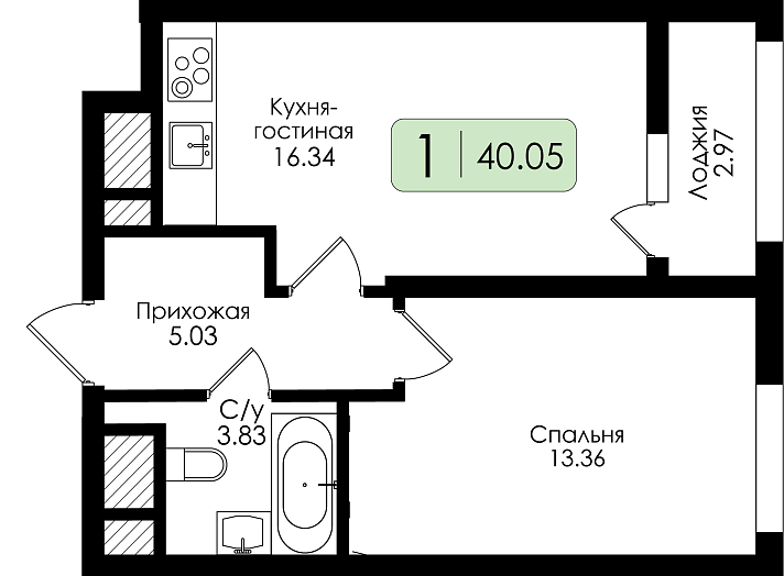 Однокомнатная квартира №175 с чистовой отделкой, Корпус № 1, Секция 1