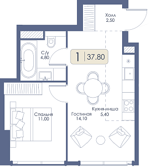 Однокомнатная квартира № 335 