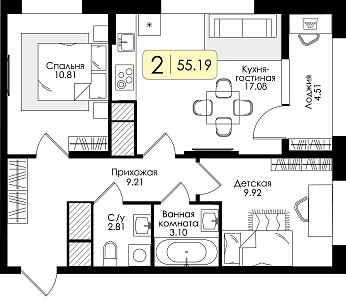 Двухкомнатная квартира 55.19м², 14 этаж № 154