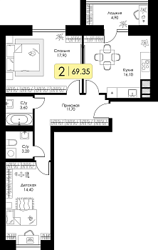 Двухкомнатная квартира 69.35м², 4 этаж № 70