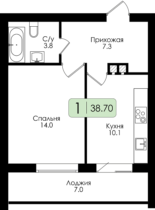 Однокомнатная квартира №79 c черновой отделкой, Корпус Дом №1, Секция 4