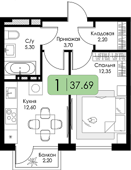 Однокомнатная квартира 37.69м², 14 этаж № 100