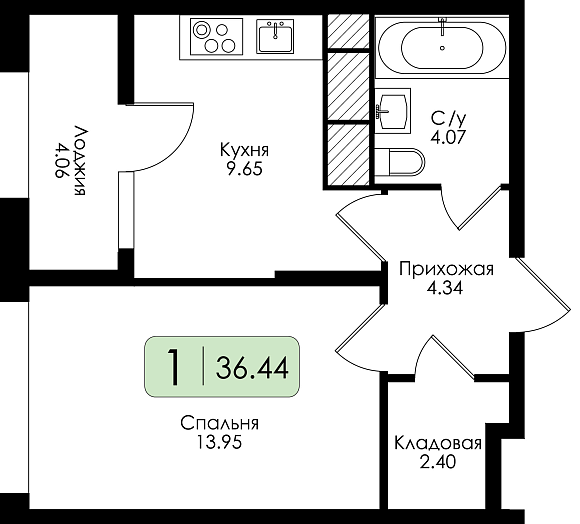 Однокомнатная квартира №233 с чистовой отделкой, Корпус № 2, Секция 1