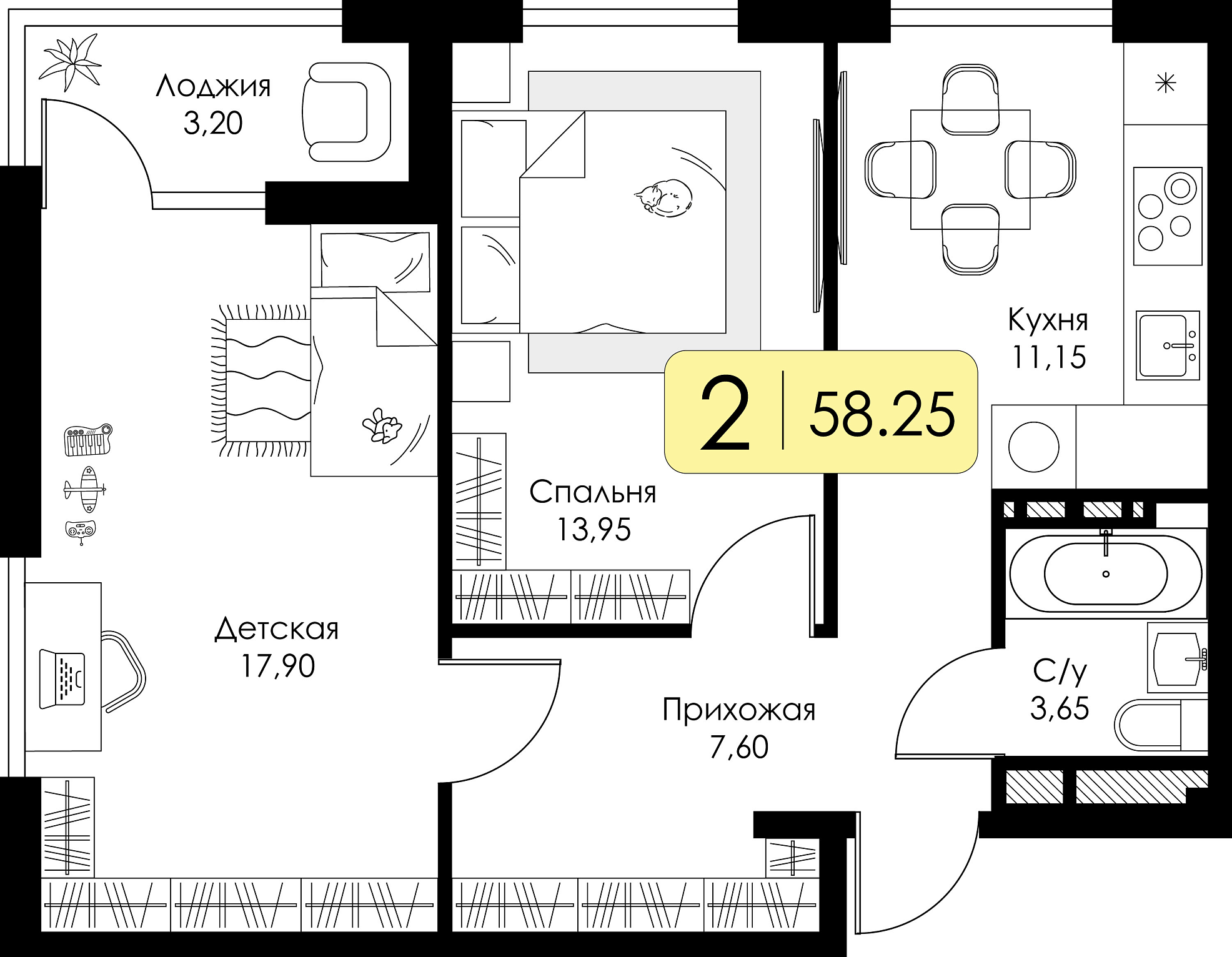 Двухкомнатная квартира №8 с чистовой отделкой, Корпус А, Секция 1