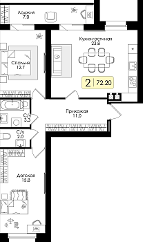 Двухкомнатная квартира 72.2м², 1 этаж № 44