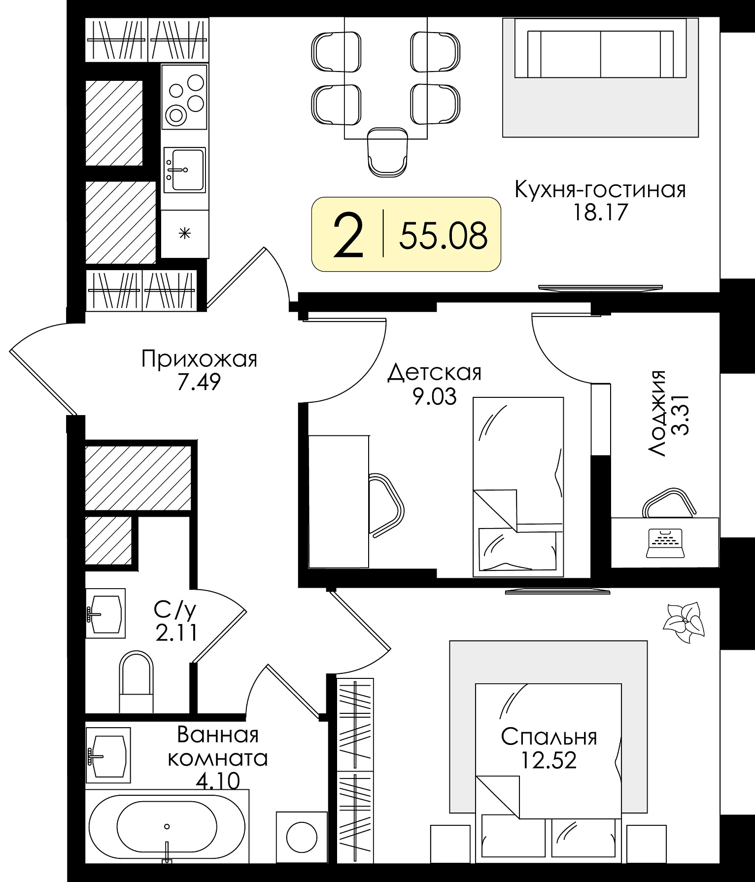 Двухкомнатная квартира №95 с чистовой отделкой, Корпус № 2, Секция 1