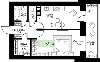 Однокомнатная квартира 48.13м², 6 этаж № 33