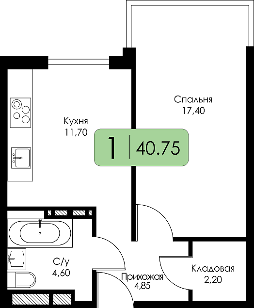 Однокомнатная квартира №74 c черновой отделкой, Корпус А, Секция 1