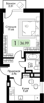 Однокомнатная квартира 36.99м², 4 этаж № 13