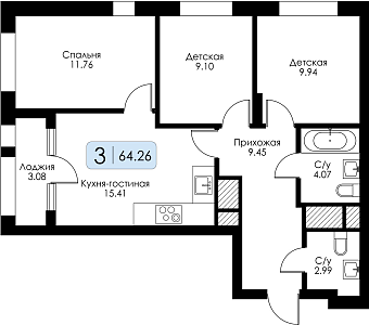 Трехкомнатная квартира № 120 