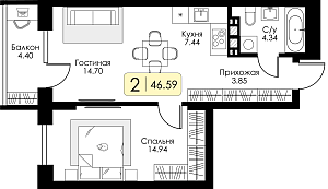 Двухкомнатная квартира №74