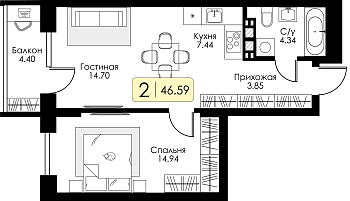 Двухкомнатная квартира № 74 