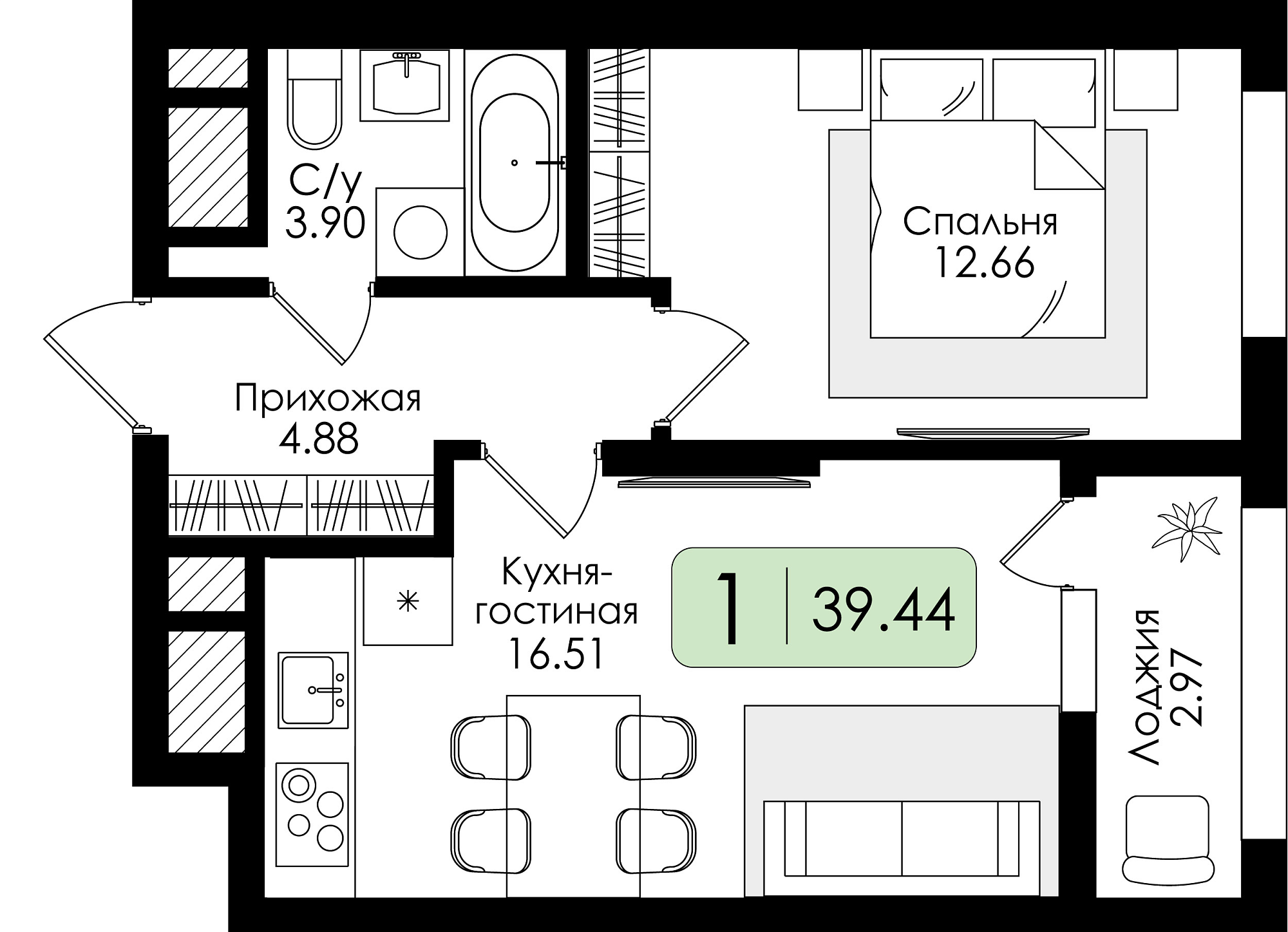 Однокомнатная квартира №174 с чистовой отделкой, Корпус № 1, Секция 1