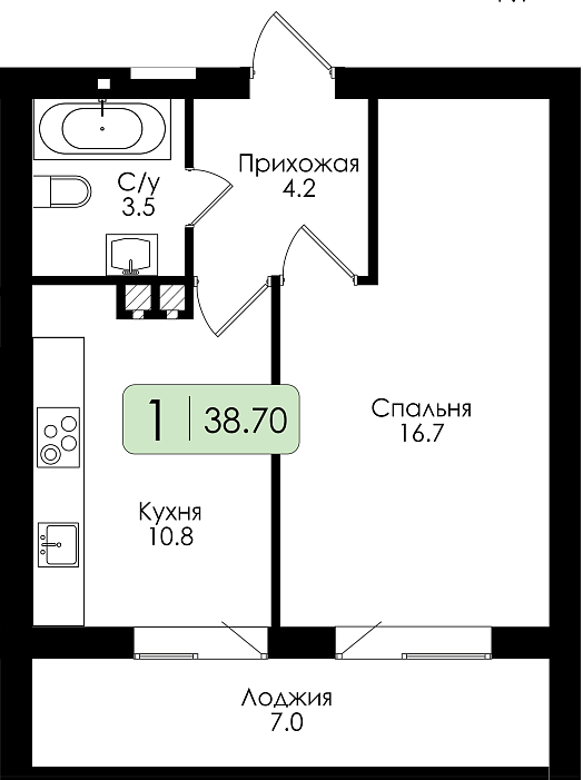 Однокомнатная квартира №10 c черновой отделкой, Корпус Дом №1, Секция 1