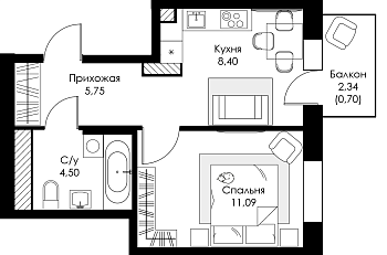 Однокомнатная квартира № 164