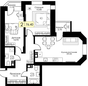 Двухкомнатная квартира № 100 