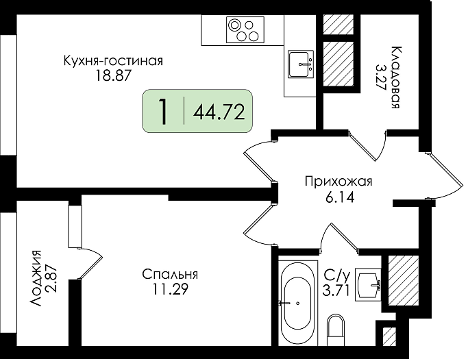 Однокомнатная квартира №79 с чистовой отделкой, Корпус № 1, Секция 1