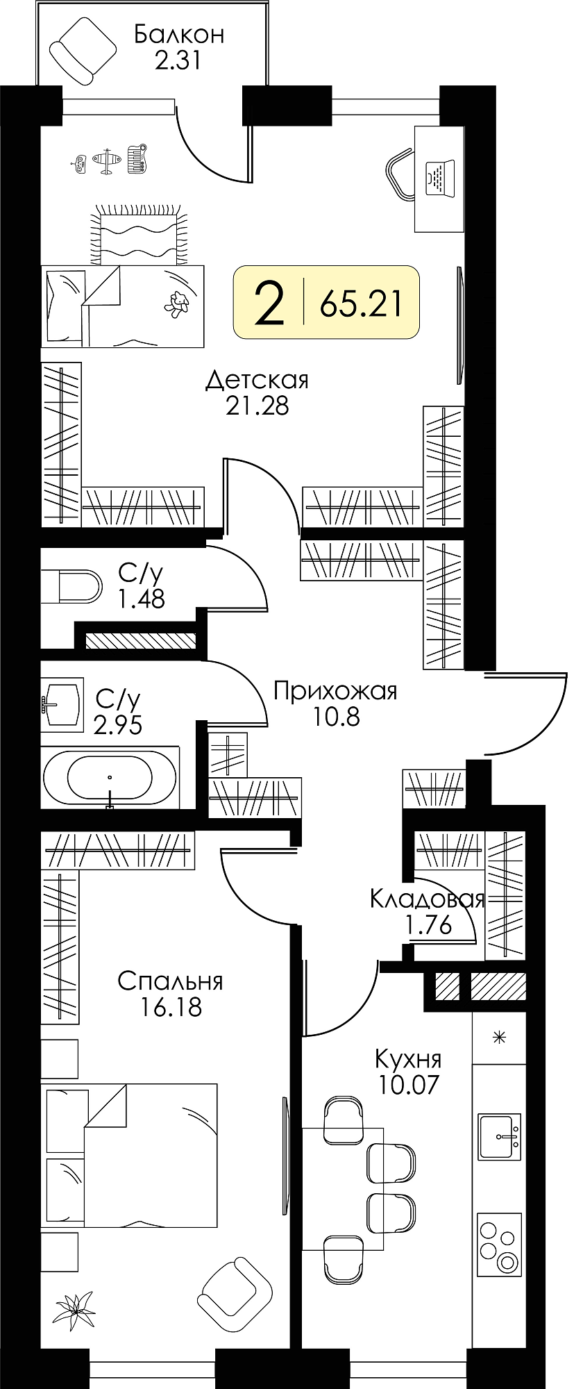 Двухкомнатная квартира №28 c черновой отделкой, Корпус Дом №1, Секция 2