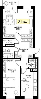 Двухкомнатная квартира 65.21м², 3 этаж № 28