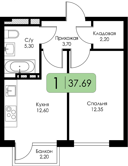 Однокомнатная квартира №72 c черновой отделкой, Корпус А, Секция 1