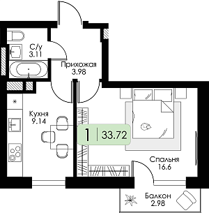 Однокомнатная квартира 33.72м², 2 этаж № 2