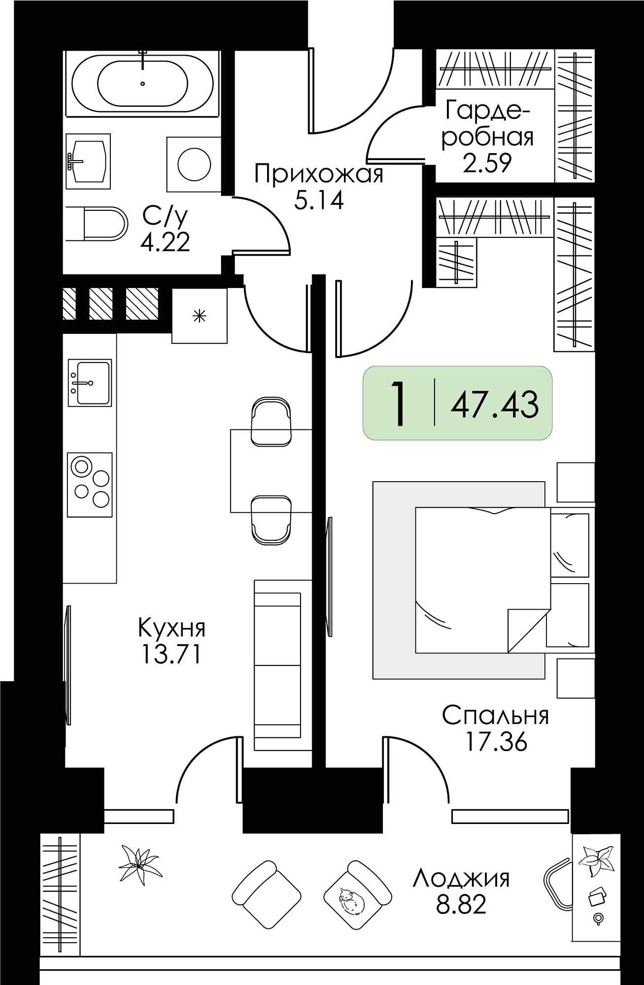 Однокомнатная квартира №68 с чистовой отделкой, Корпус дом №7, Секция 2