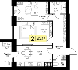 Двухкомнатная квартира 63.15м², 3 этаж № 117