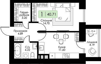 Однокомнатная квартира 40.71м², 8 этаж № 44